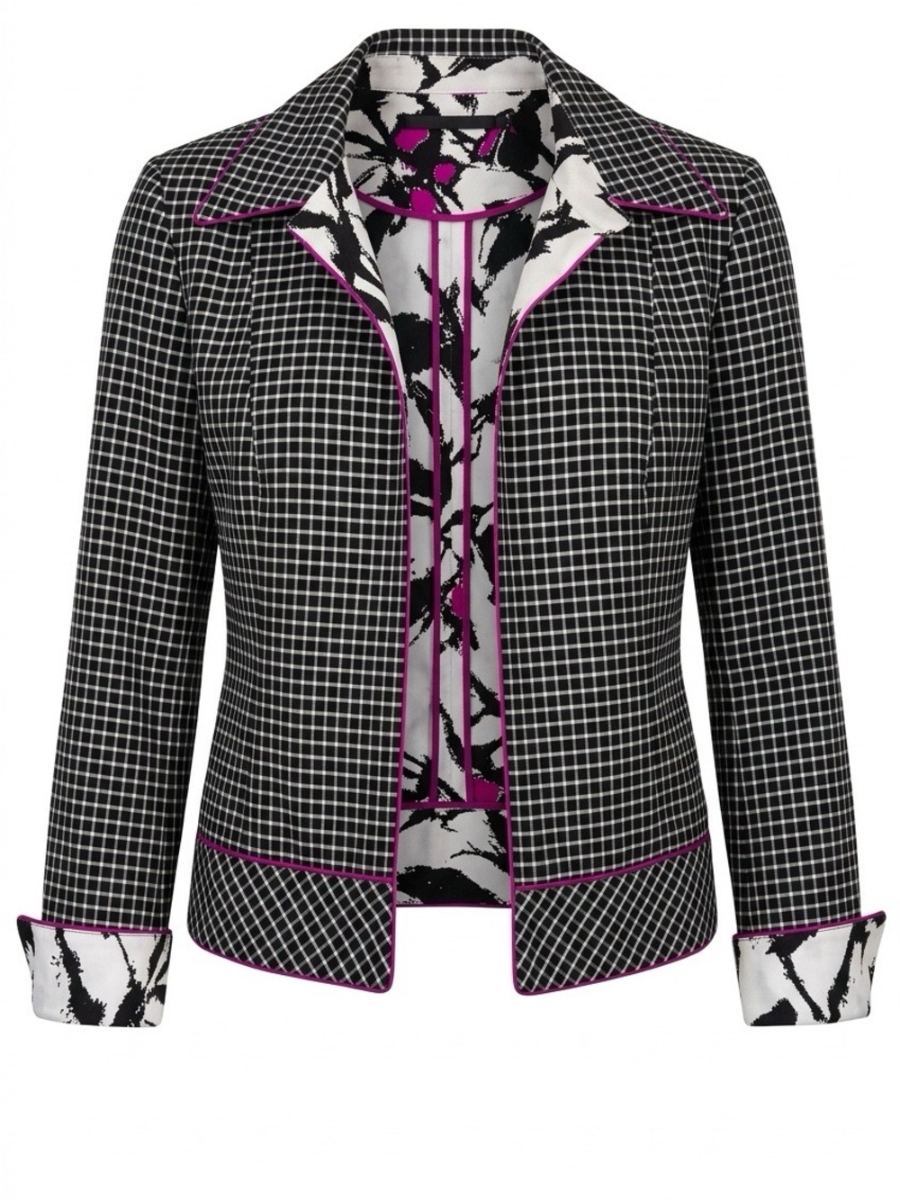 Black & White Checked Blazer with Magenta Trim